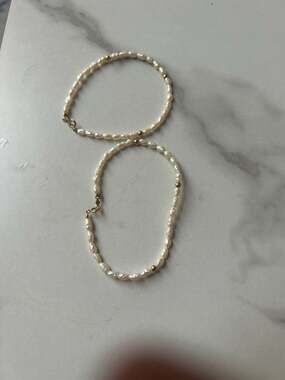 Set of 2 Dainty Freshwater Rice Pearl Bracelets with Gold Spacer Beads 14k clasp